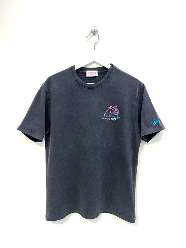 Tshirt in cotone effetto supervintage ricamo frontale. Col. Antracite
