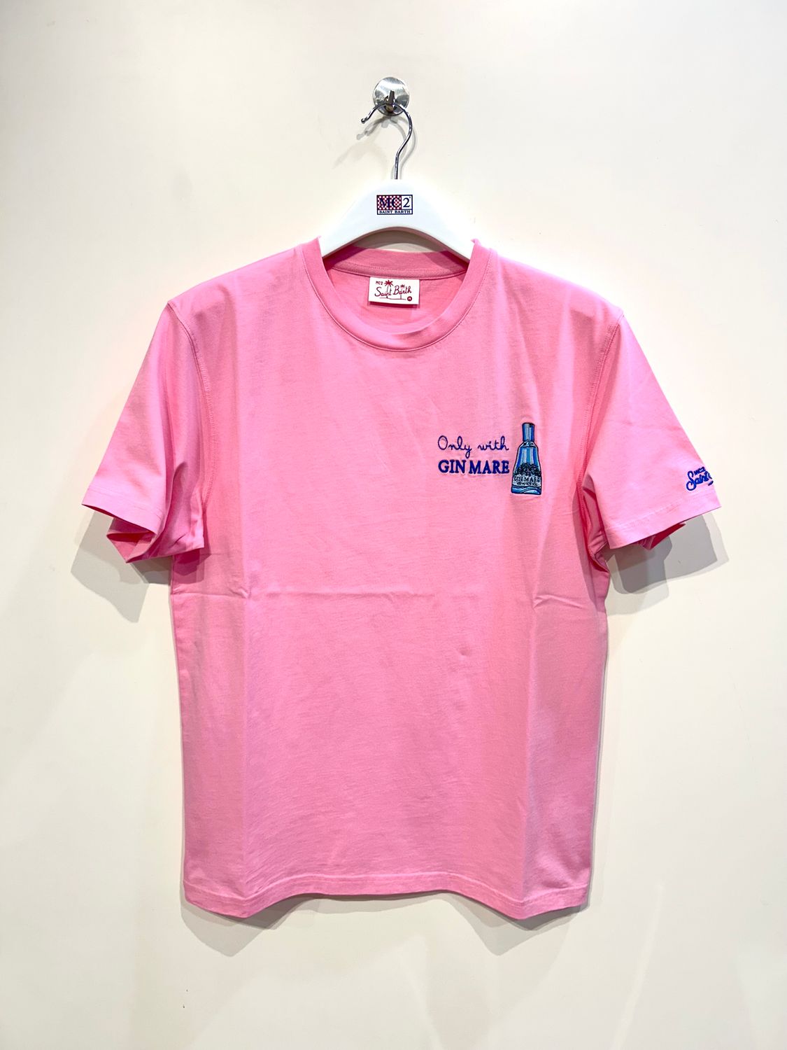 Tshirt in cotone organico stampa e ricamo frontale Cocktail. Col. Rosa
