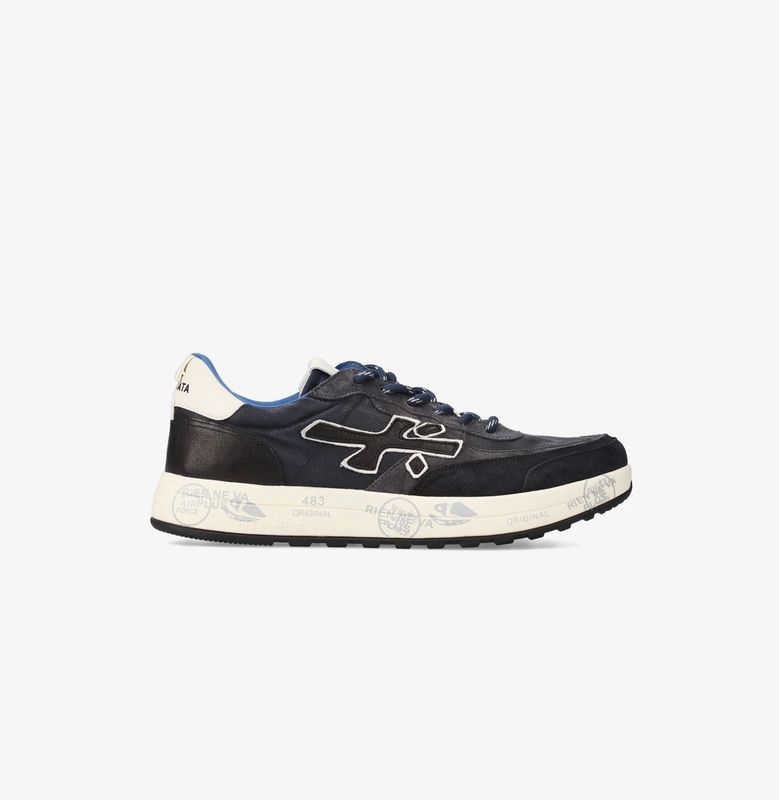 PREMIATA Sneaker trimateriale micro reps cerato, suede e pelle, fondo micro light. Col. Bleu Navy