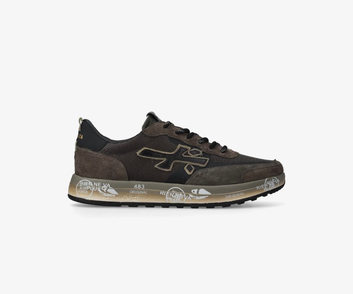 PREMIATA Sneaker trimateriale nylon, suede e pelle, fondo micro light. Col. Verde Militare