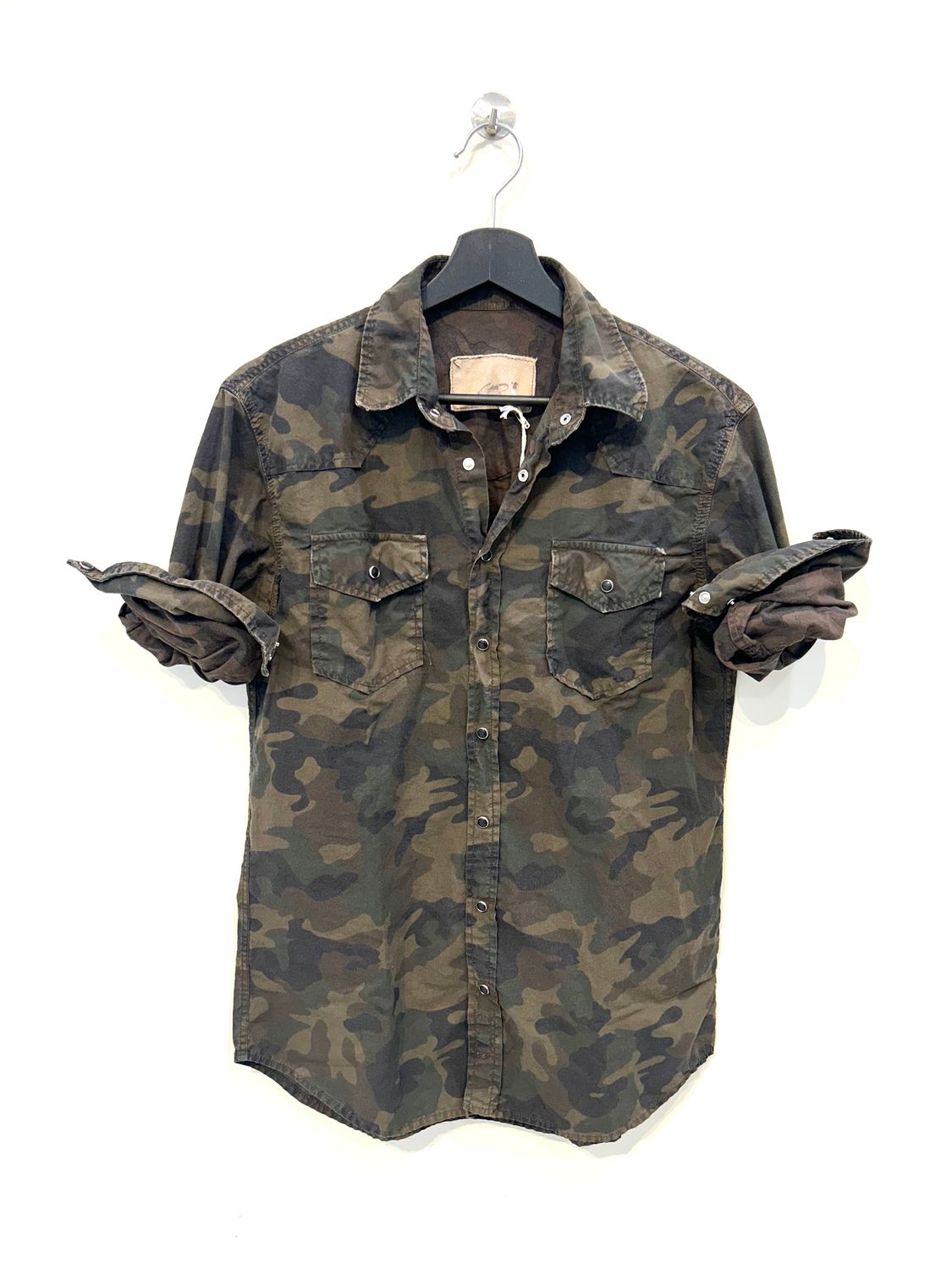 #65 Camicia texana in cotone stampa camouflage lavaggio dark brown. Col. Militare