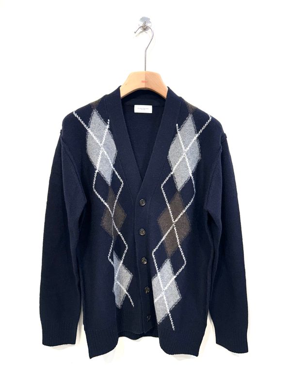 PAOLO PECORA Cardigan con bottoni in lana , rombi intarsio a rovescio. Col. Bleu navy