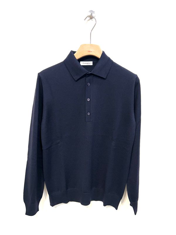 KANGRA Polo a manica lunga in lana merinos 4 bottoni. Col. Bleu Navy