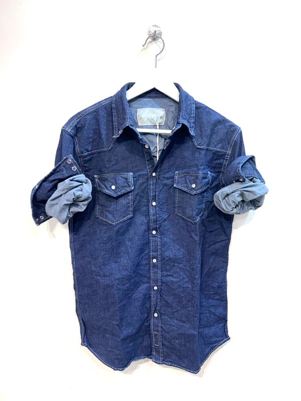 #65 Camicia texana in denim elasticizzato non lavata. Col. Bleu Notte