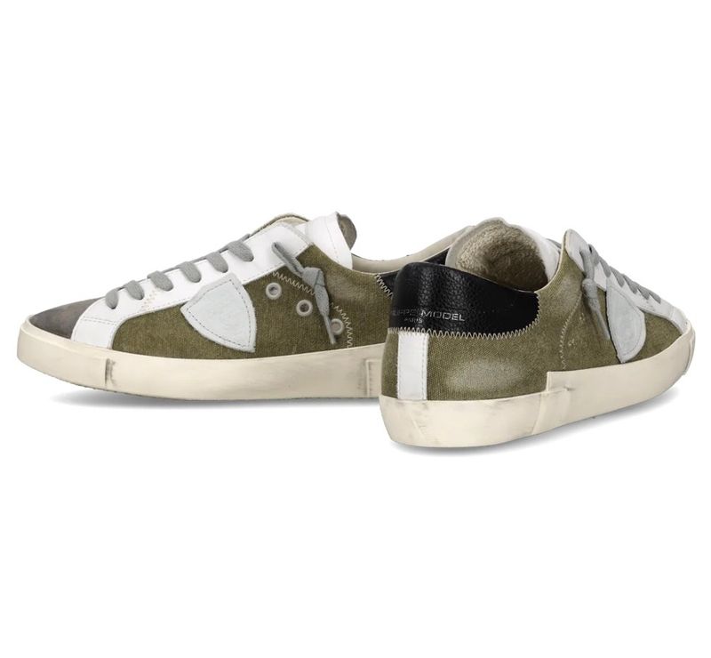Sneaker vintage mixage canvas di cotone, pelle e suede. Col. Militare / Grigio / Bianco