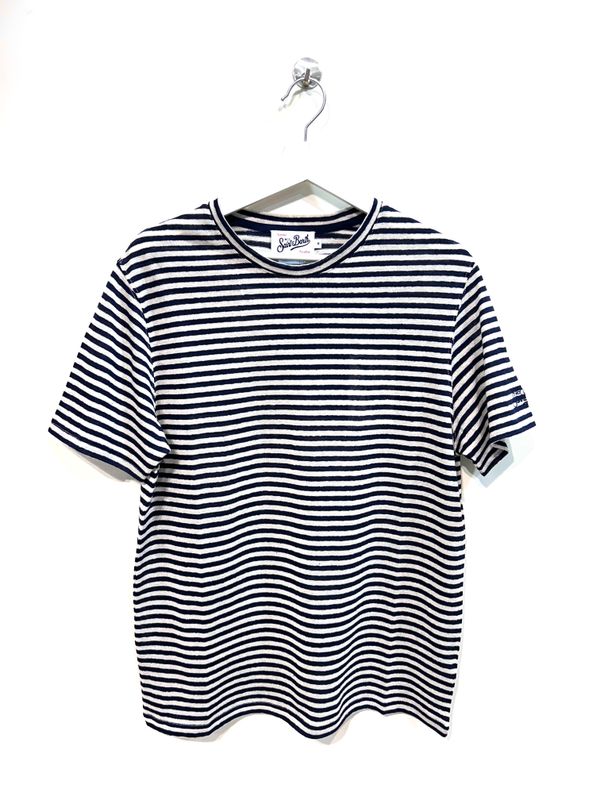 T-shirt rigata in lino e cotone. Col. Beige / Bleu