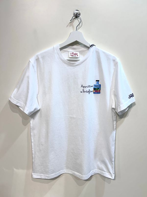 T-shirt manica corta in cotone organico con ricami. Col. Bianco