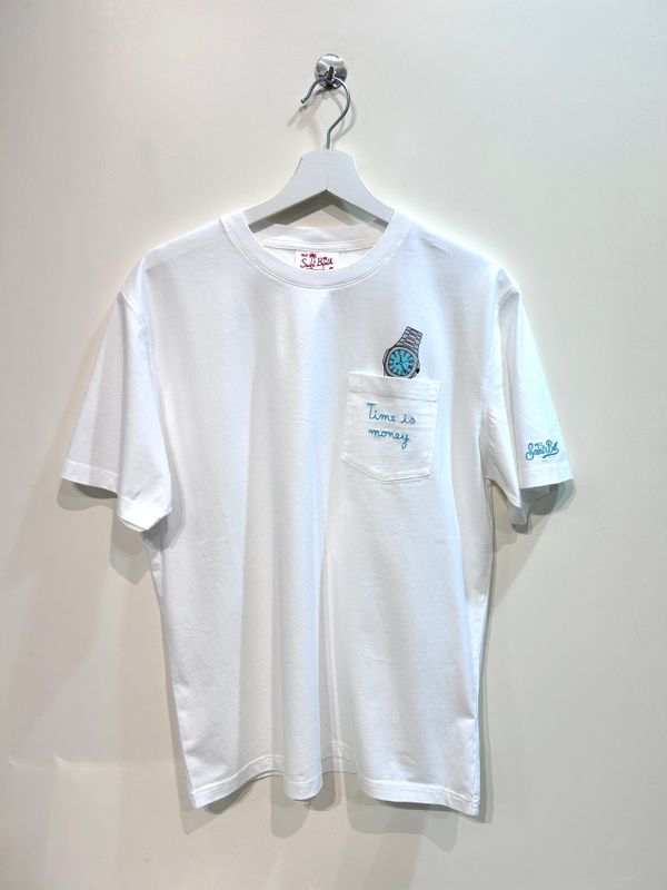 T-shirt manica corta in cotone organico con taschino stampa e ricami. Col. Bianco