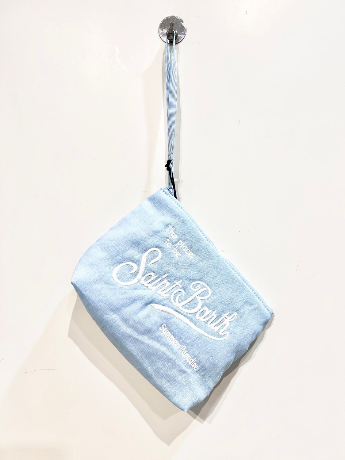 Pochette in soft lino ricamo. Col. Cielo