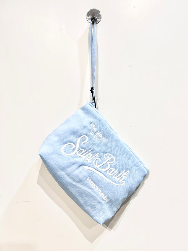 Pochette in soft lino ricamo. Col. Cielo