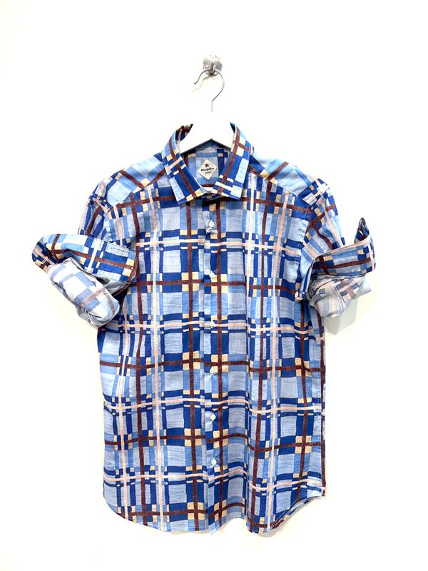 Camicia fantasia in mussola di cotone leggera. Col. Azzurro