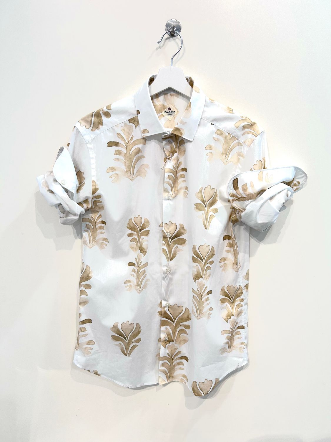 Camicia stampata in mussola organza light. Col. Latte/Corda