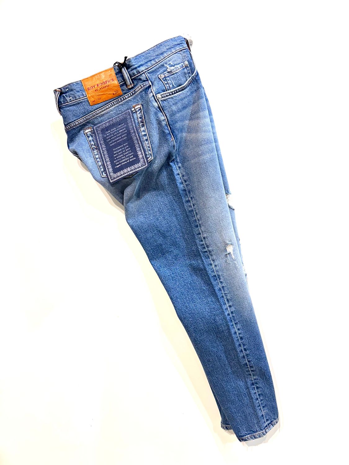 Jeans Research archivio tela denim con strappi supervintage, dapper fit. Col. Bleu medio.