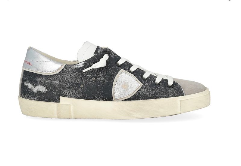 Sneaker in pelle craccata effetto supervintage e suede bicolor. Col. Nero / Latte