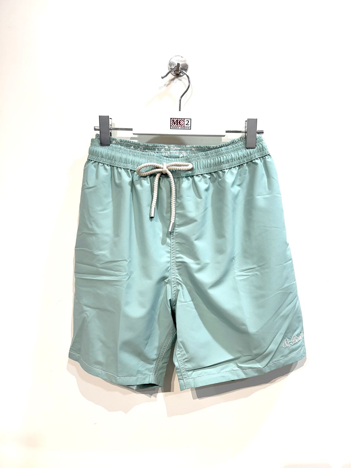 Boxer mare in nylon in tinta unica ricamino. Col. Acqua