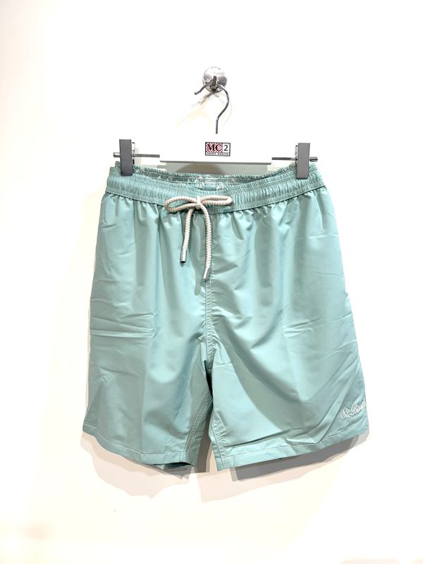 Boxer mare in nylon in tinta unica ricamino. Col. Acqua