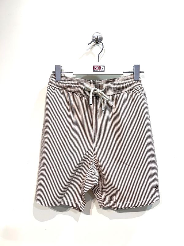 Boxer mare in nylon millerighe tessuto seersucker. Beige / Tabacco