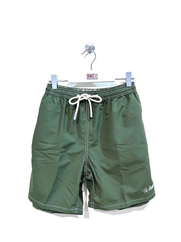 Boxer mare in nylon in tinta unica ricamino. Col. Verde Miliare