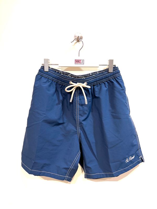 Boxer mare in nylon in tinta unica ricamino. Col. Bleu