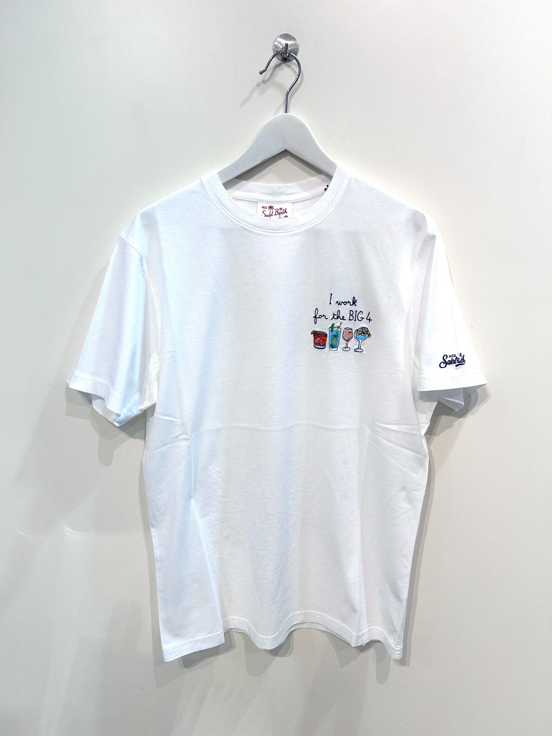 T-shirt manica corta in cotone organico con ricami Drink, regular fit. Col. Bianco