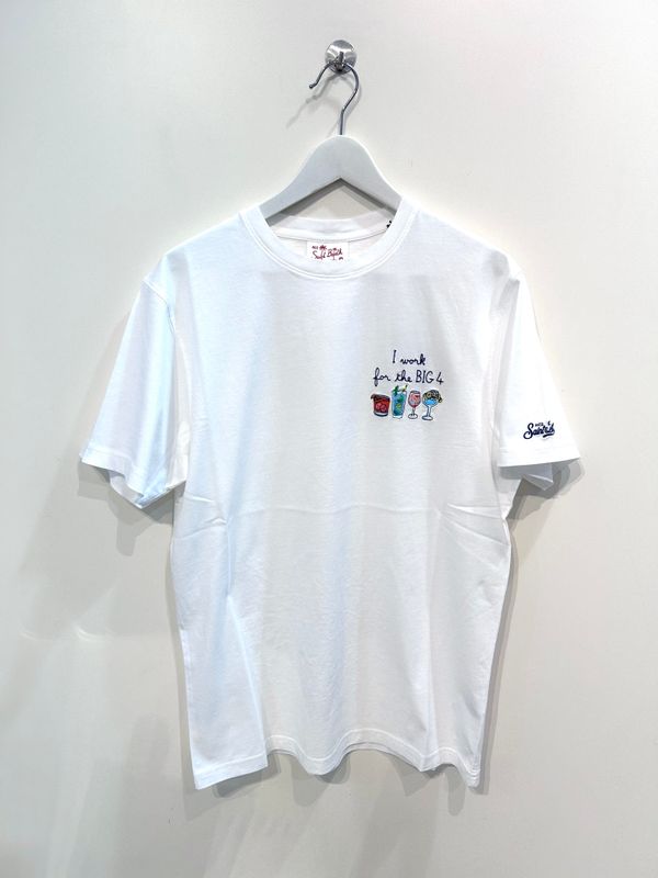 T-shirt manica corta in cotone organico con ricami Drink, regular fit. Col. Bianco