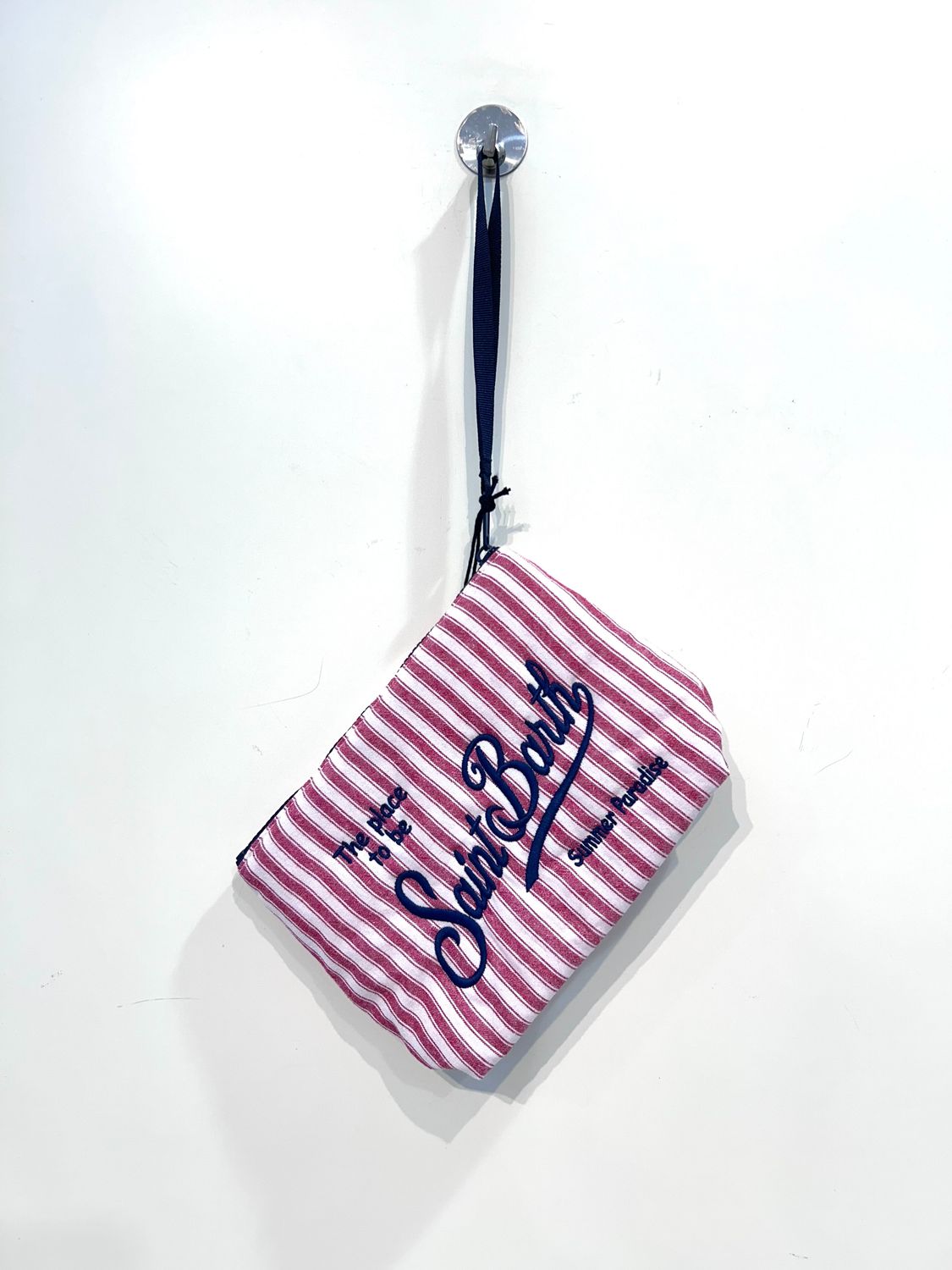 Pochette in cotone rigata ricamata. Col. Beige / Rosso