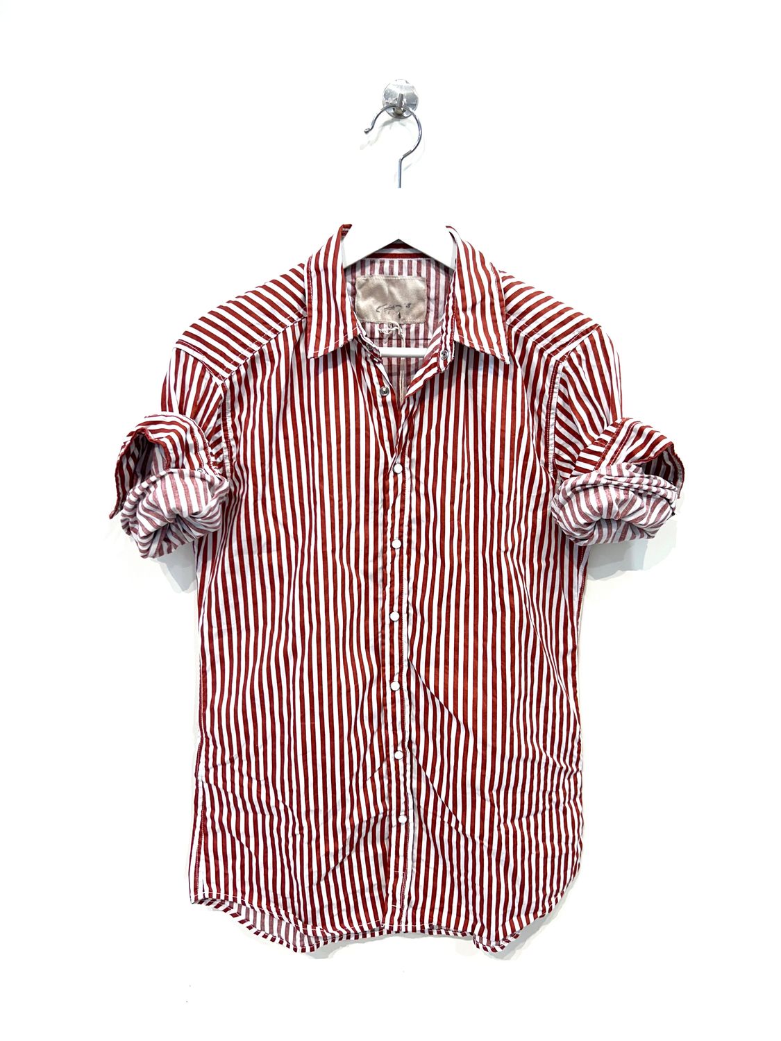 Camicia automatici in gabardina di cotone righe larghe. Col. Mattone / Latte