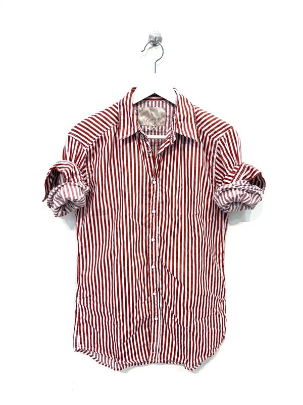 Camicia automatici in gabardina di cotone righe larghe. Col. Mattone / Latte