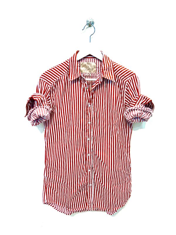 Camicia automatici in gabardina di cotone righe larghe. Col. Mattone / Latte