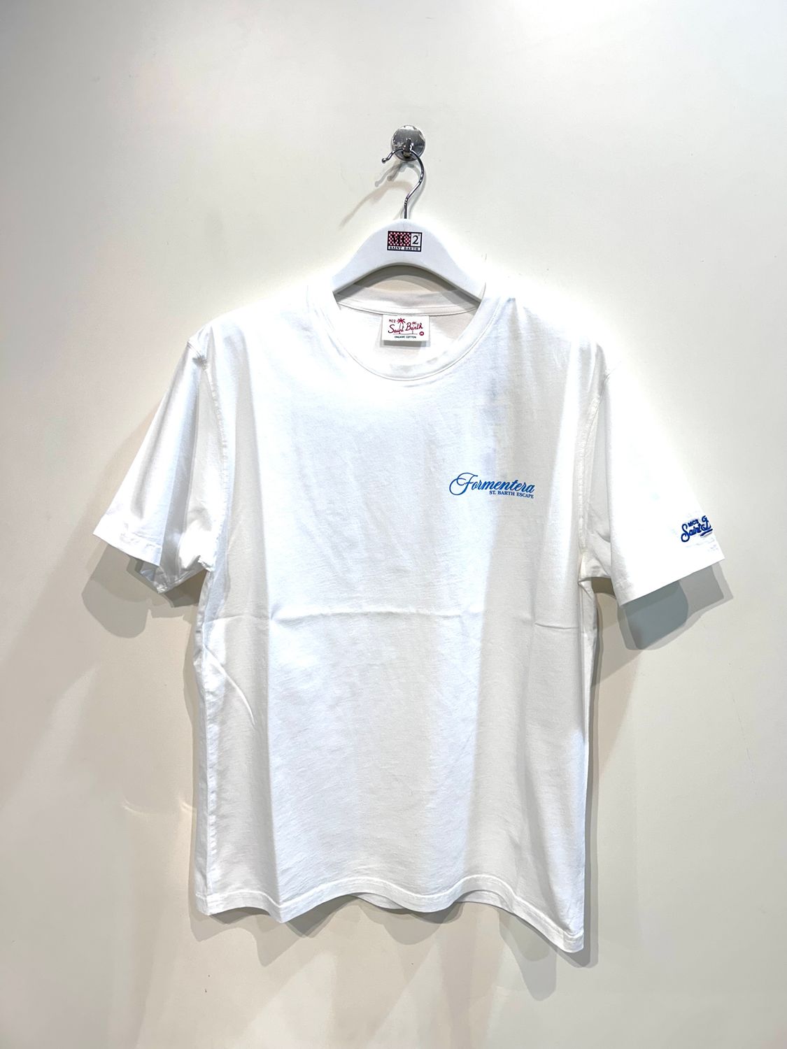 T-shirt manica corta in cotone organico stampa fronte e retro. Col. Bianco - Azzurro