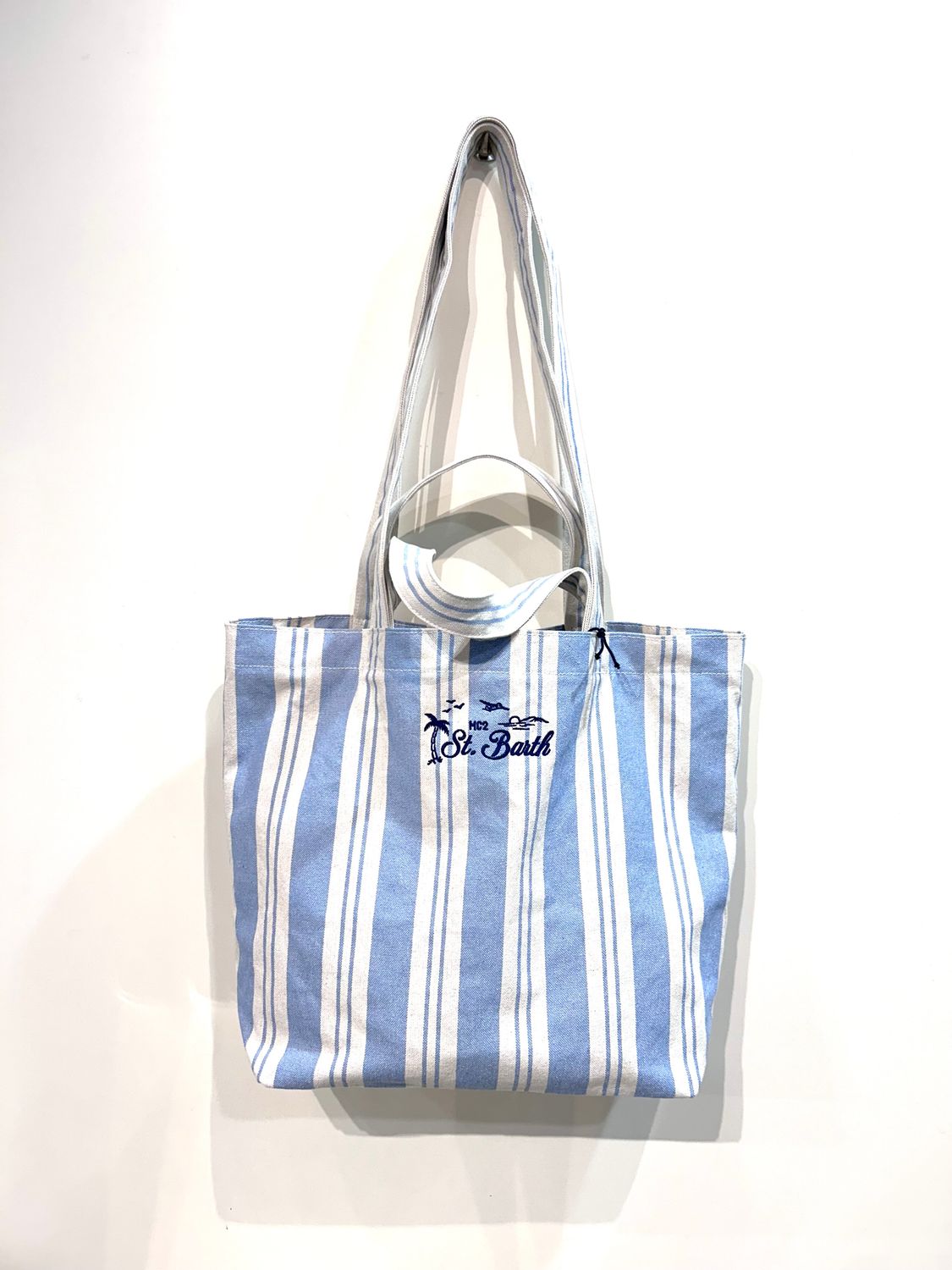 Borsa in canvas di cotone, doppio manico, ricamata. Col. Beige - Azzurro