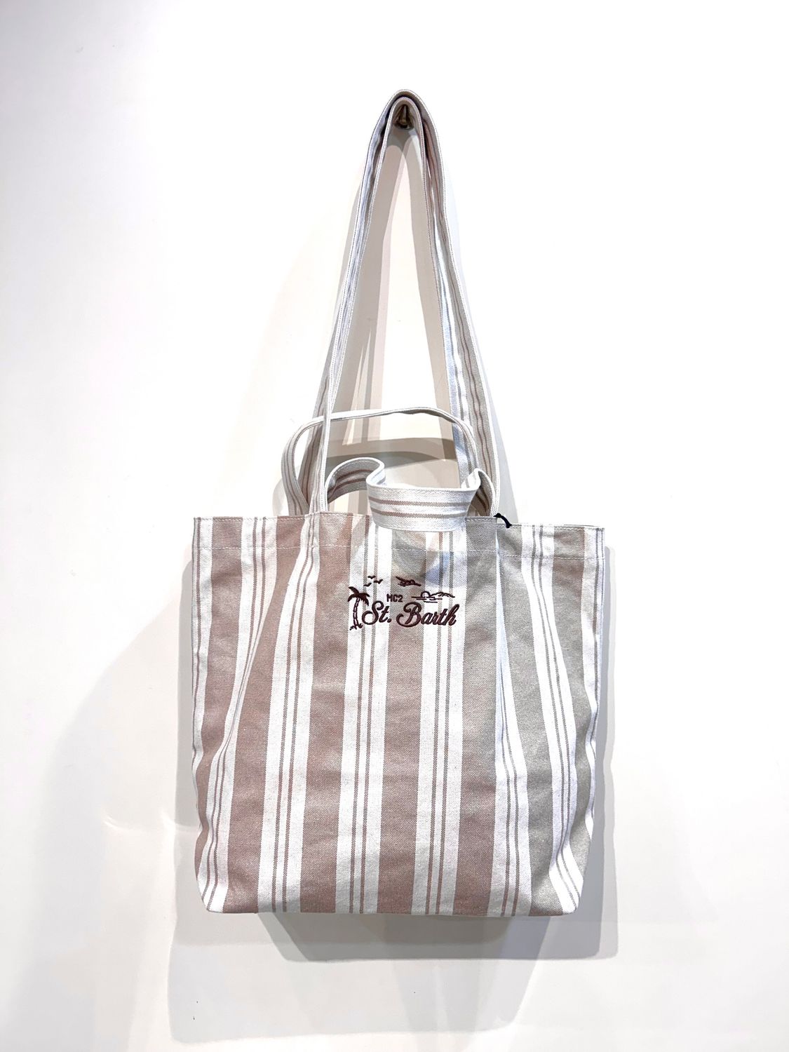 Borsa in canvas di cotone , doppio manico, ricamata. Col. Beige - Naturale