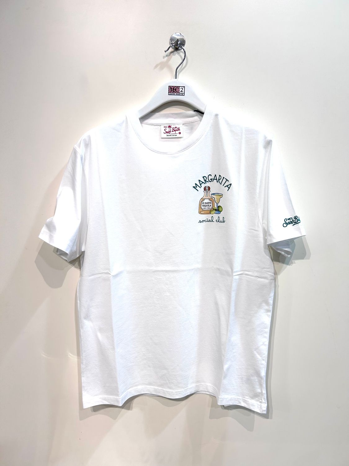T-shirt manica corta in cotone organico con ricami. Col. Bianco