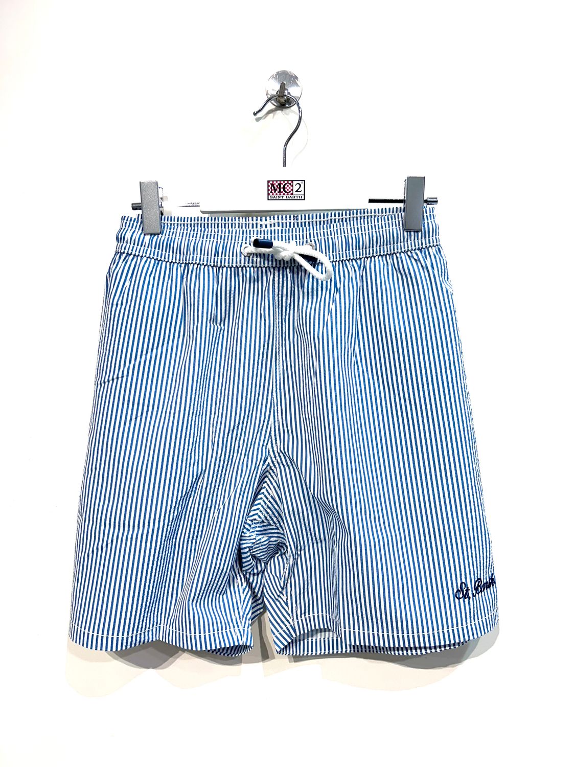 Boxer mare in nylon millerighe tessuto seersucker. Col. Azzurro - Naturale