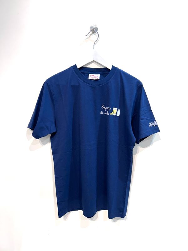 T-shirt manica corta in cotone organico con ricami, regular fit. Col. Blu navy