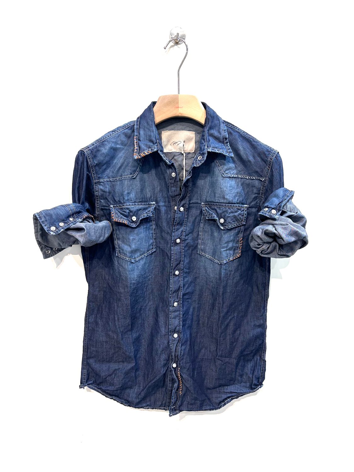 #65 Camicia texana in denim lavato con impunture artigianali. Col. Blu jeans