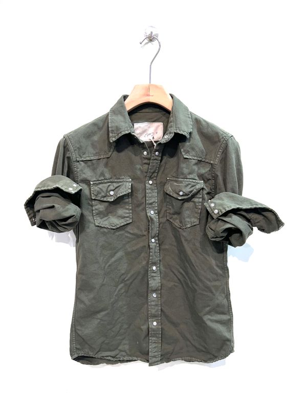 #65 Camicia texana in bull di cotone vintage. Col. Verde militare