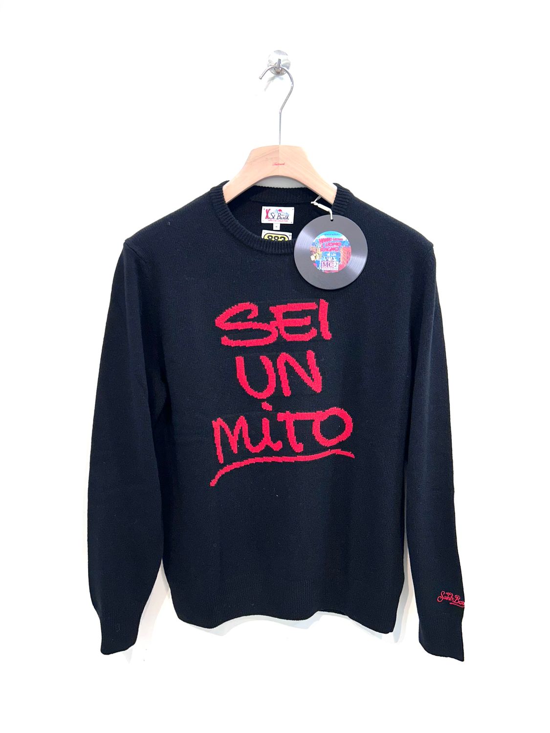 SAINT BARTH Maglia girocollo lana viscosa e cashmere, intarsio LIMTED ED. 883 . Col. Nero