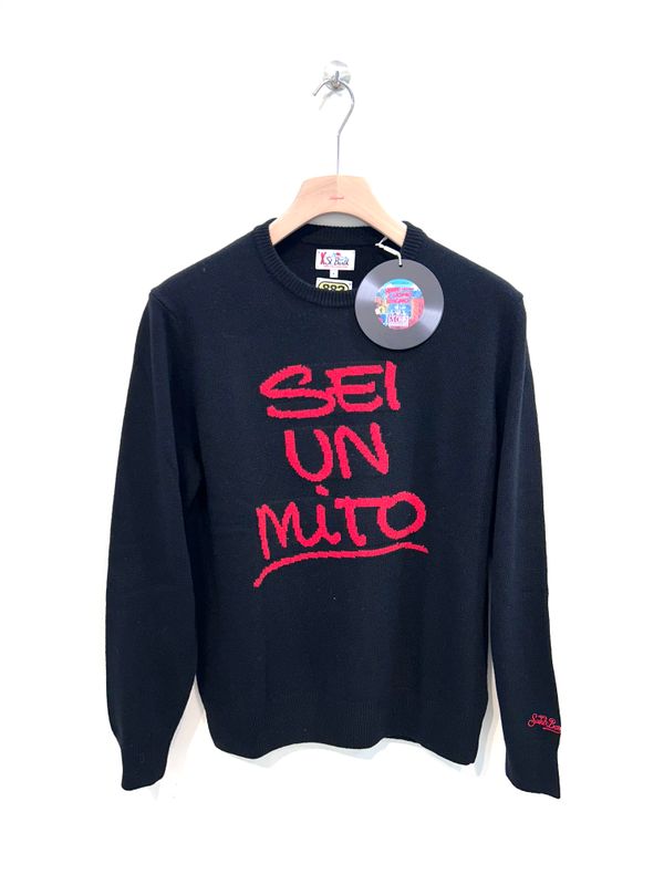 SAINT BARTH Maglia girocollo lana viscosa e cashmere, intarsio LIMTED ED. 883 . Col. Nero