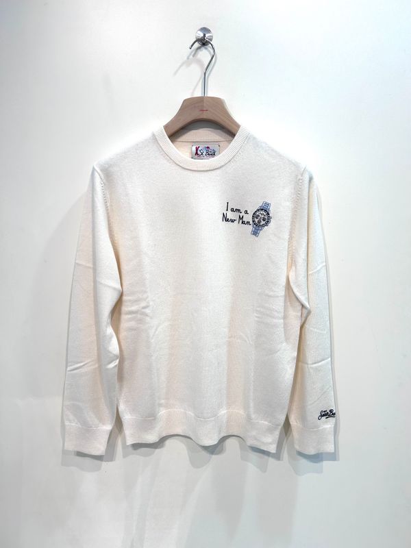 SAINT BARTH Maglia girocollo lana viscosa e cashmere ricamino frontale. Col. Latte