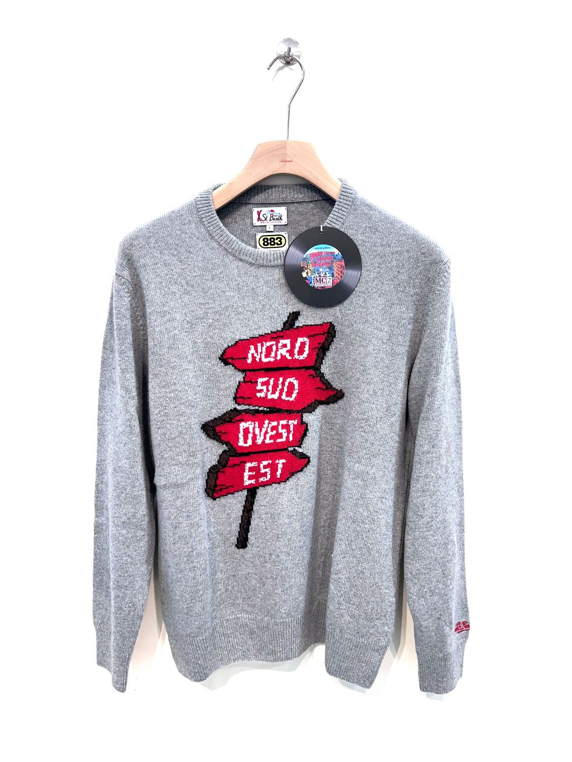 SAINT BARTH Maglia girocollo lana viscosa e cashmere, intarsio LIMTED ED. 883 . Col. Grigio medio
