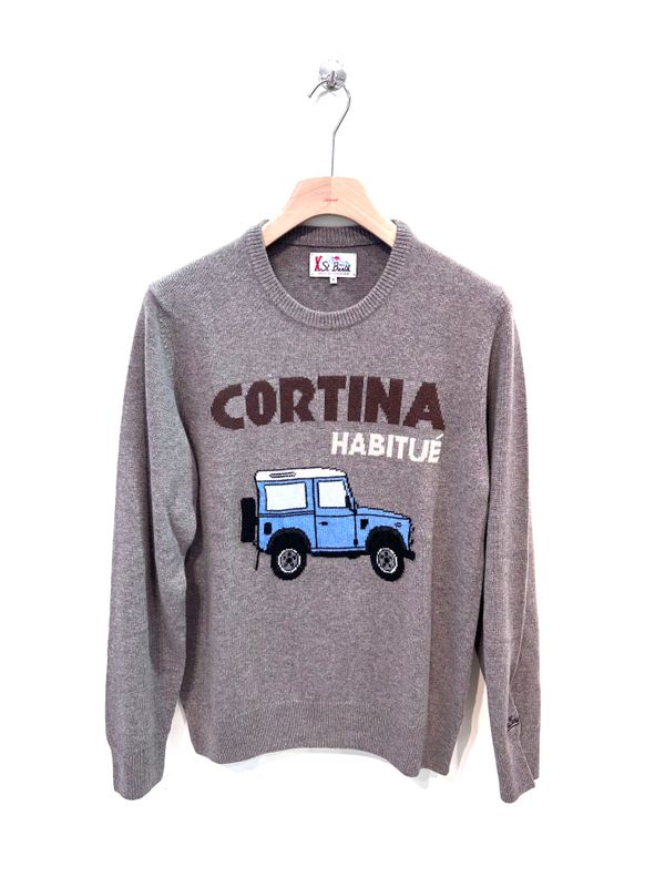 SAINT BARTH Maglia girocollo in viscosa lana e cashmere intarsio frontale. Col. Tortora scuro