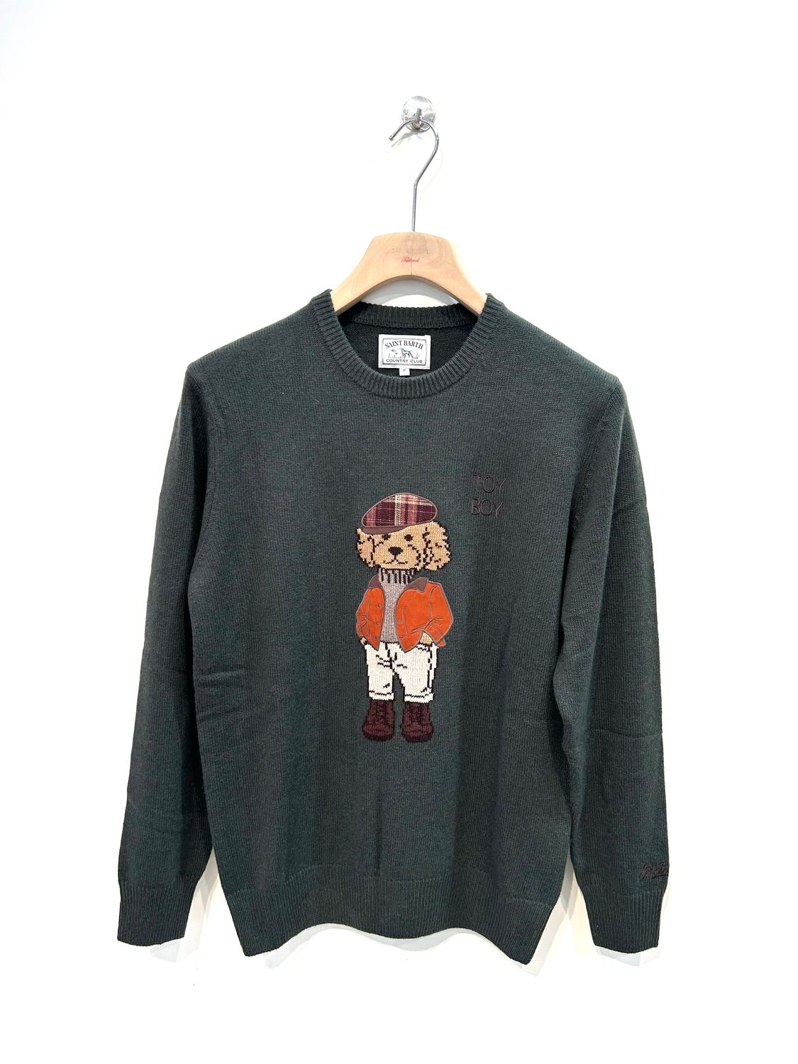 SAINT BARTH Maglia lana cashmere viscosa light, ricamo frontale Heritage. Col. Verde militare