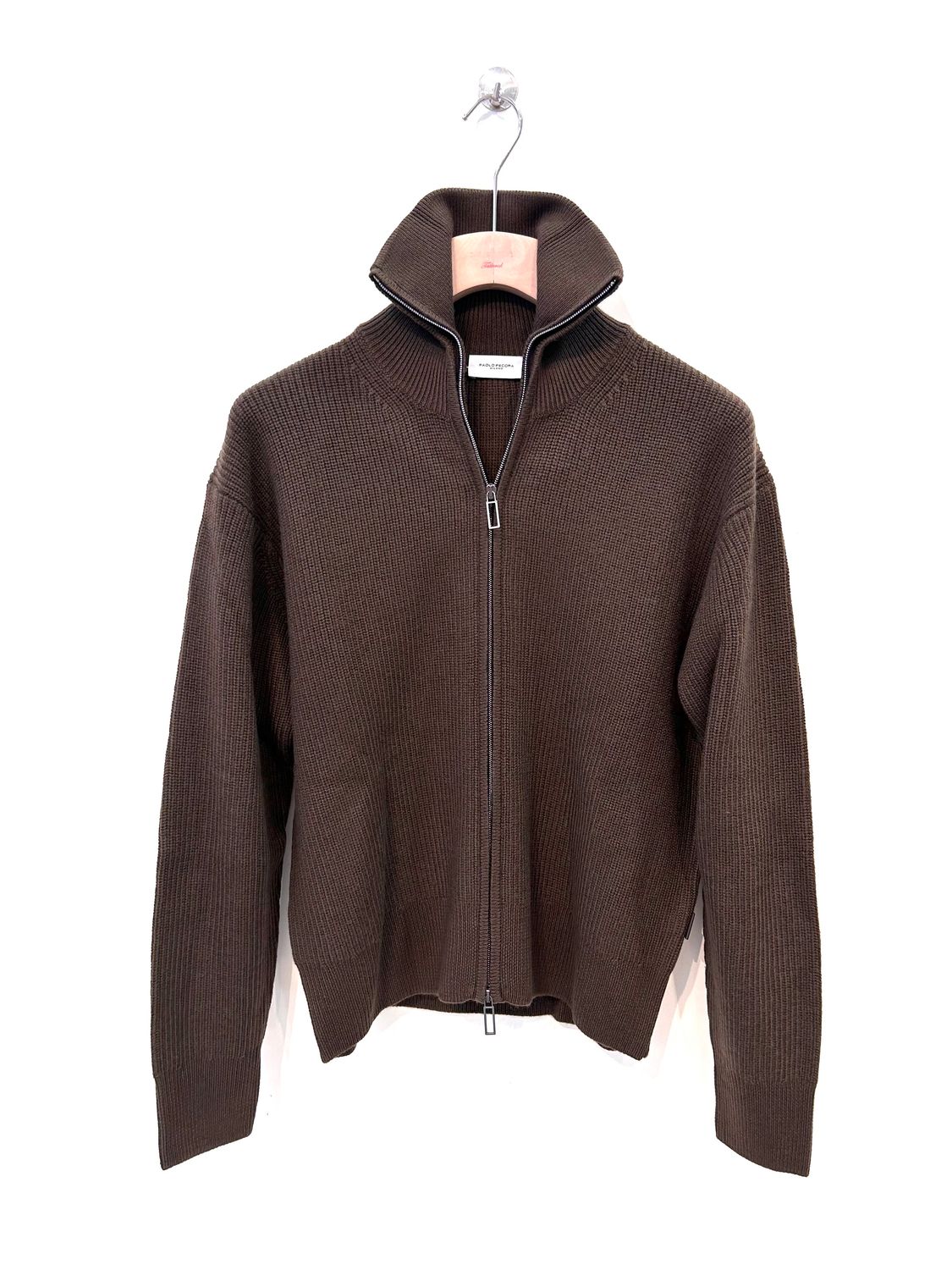 PAOLO PECORA Cardigan full zip a costine in lana. Col. Castagna