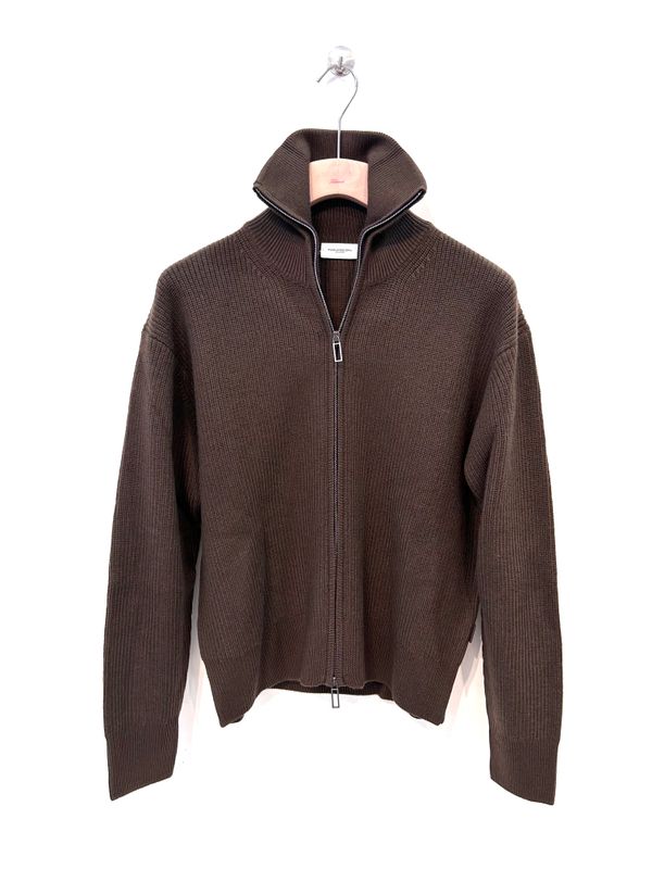 PAOLO PECORA Cardigan full zip a costine in lana. Col. Castagna