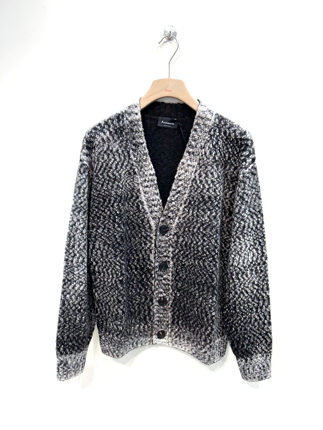 AROVESCIO Cardigan con bottoni boucle’ airbrush aerografata. Col. Caffè