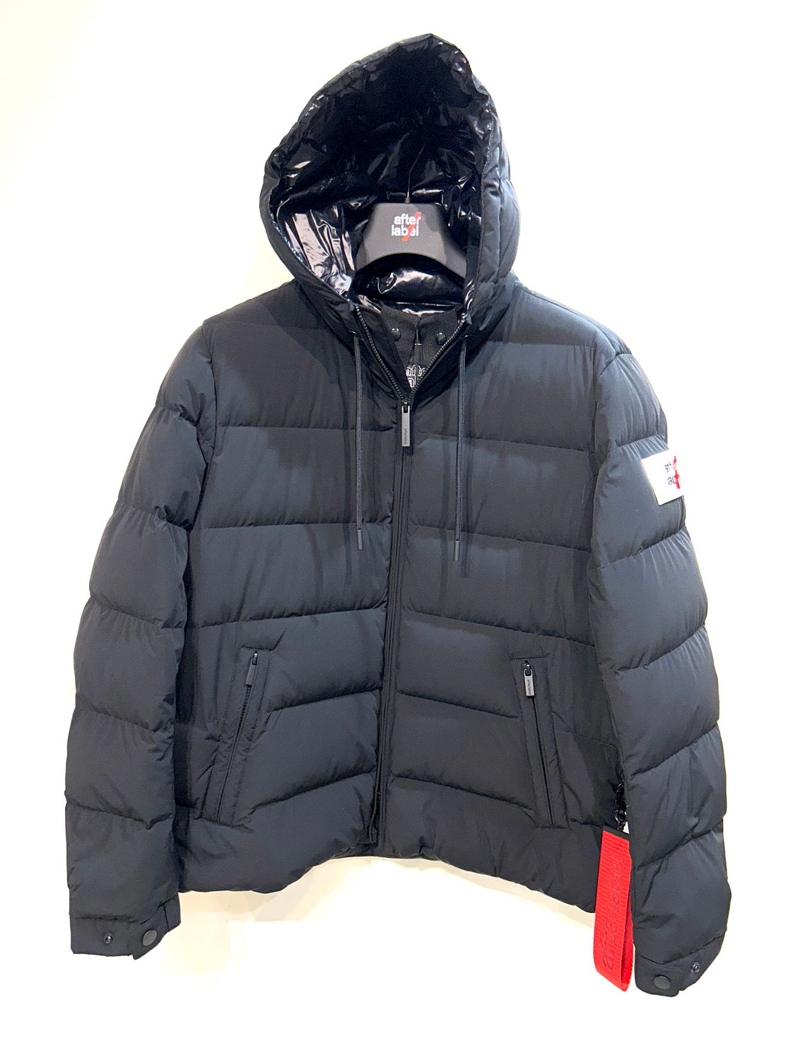 AFTER LABEL Piumino d’oca in nylon stretch opaco. Col. Nero