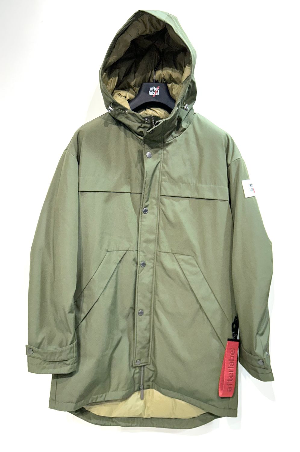 AFTER LABEL Parka in piuma d’oca, nylon e cotone opaco. Col. Verde Oliva
