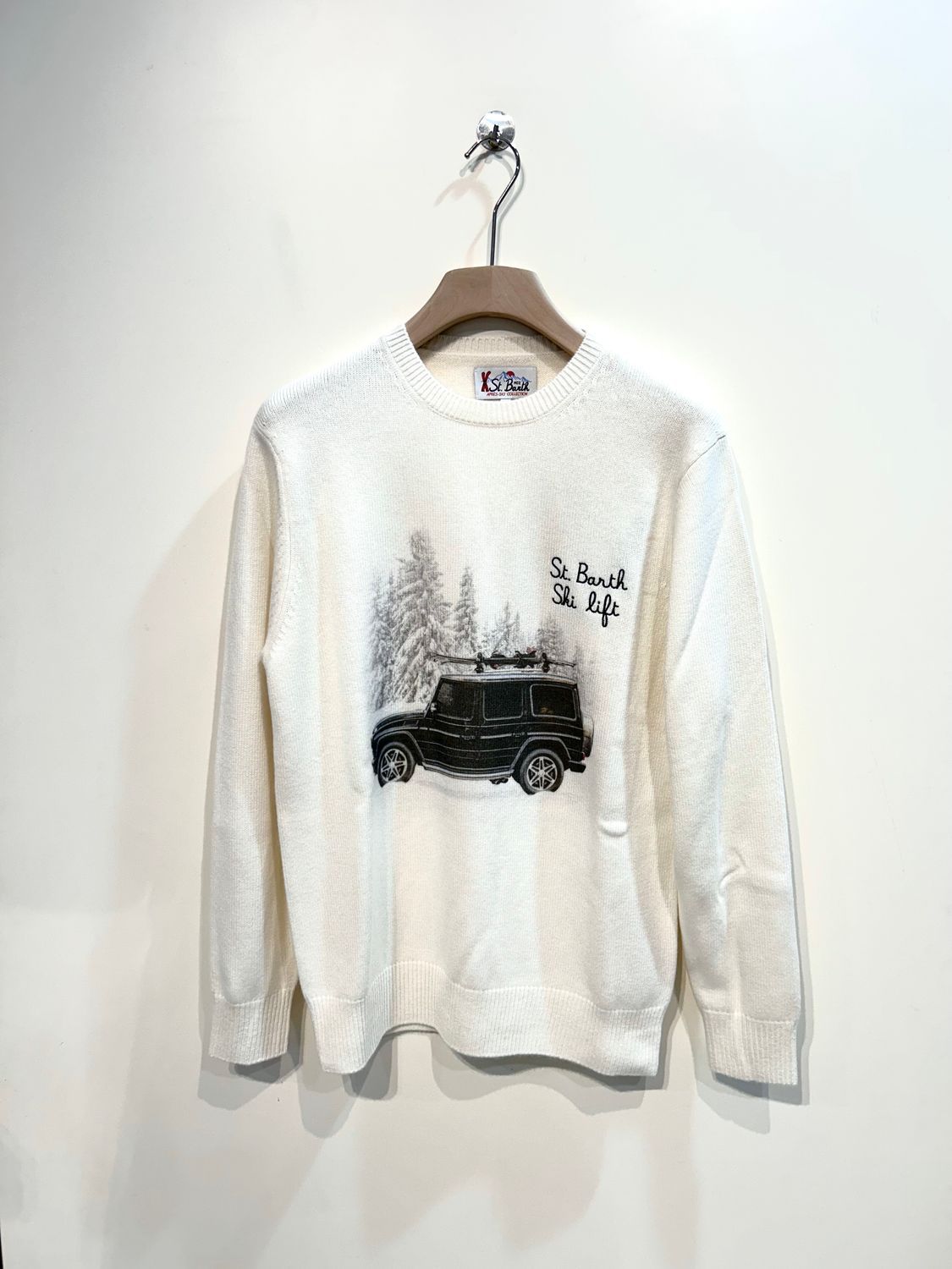 SAINT BARTH Maglia girocollo in viscosa lana e cashmere stampa Mercedes. Col. Latte