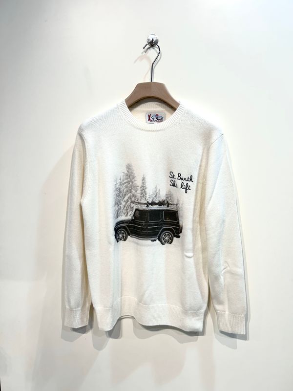 SAINT BARTH Maglia girocollo in viscosa lana e cashmere stampa Mercedes. Col. Latte
